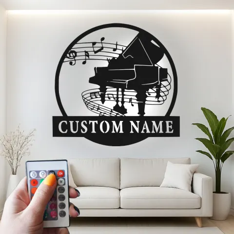 Vue alternative de Panneau piano personnalisé avec LED | Décoration murale en métal sur mesure pour salle de musique | Silhouette de piano à queue | Cadeau pour pianiste