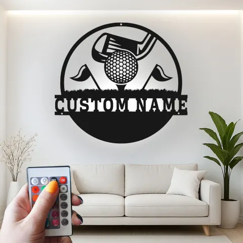 Vista alternativa di Insegna con nome da golf su misura con luci LED | Arte murale in metallo personalizzata | Regalo per golfista | Decorazione per man cave e sports bar