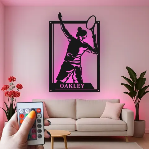 Personalisierte Tennis-Spieler Metall-Wandkunst | Individuelles LED Namensschild für das Spielzimmer | Athleten Silhouette Dekoration alternative Ansicht