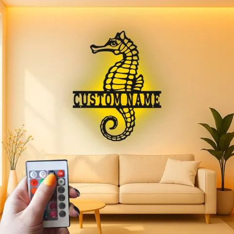Vue alternative de Panneau Métal LED Hippocampe Personnalisé | Décoration Murale Nautique Personnalisée | Décor Maison Côtière & Cadeau pour Amoureux de l'Océan