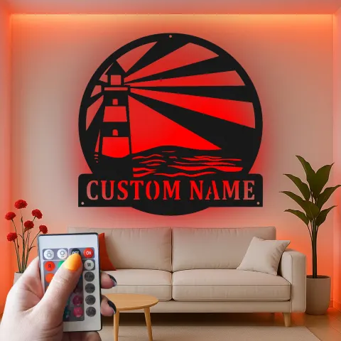 Personalized Lighthouse Metal Wall Art | Custom Name Sign with LED Light | Modern Coastal Decor for Beach House alternate view
