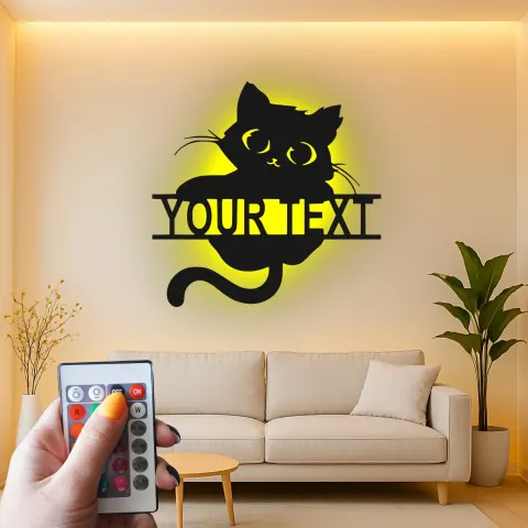 Vista alternativa de Cartel de metal personalizado con silueta de gato y luz LED, regalo para amantes de mascotas, decoración para salón o dormitorio