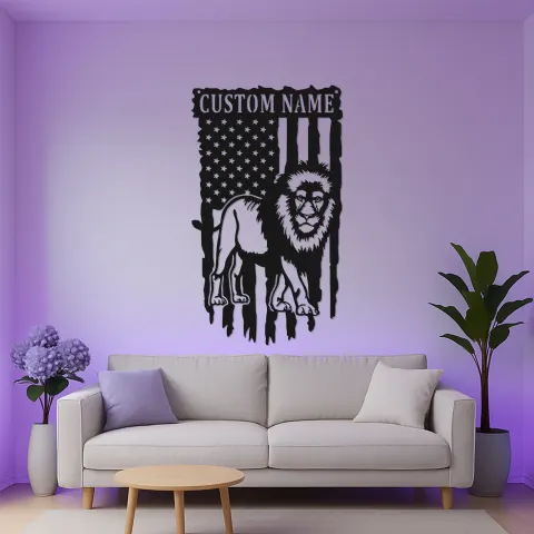 Personalisierte Löwe Amerikanische Flagge Metall-Schild | LED patriotische Wandkunst für Büro & Zuhause | Personalisierte Wildtierdekoration Geschenk für Ihn alternative Ansicht