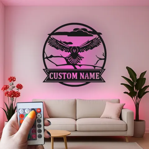 Custom Flying Owl LED Sign | Personalized Metal Wall Art | Wildlife Cabin Decor | Nature Lover Gift alternate view