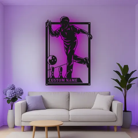 Vue alternative de Décoration murale en métal personnalisée pour joueur de bowling avec rétroéclairage LED - Cadeau personnalisé pour les amateurs de bowling