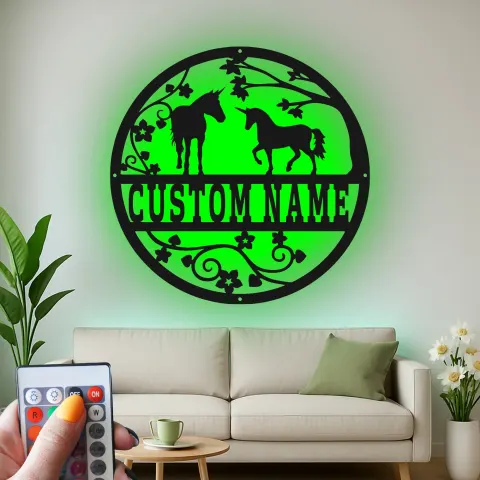 Individuelles Einhorn-LED-Schild | Personalisierte Metall-Wandkunst | Mythische Reiter-Dekoration | Geschenk für Kinderzimmer & Bauernhaus alternative Ansicht
