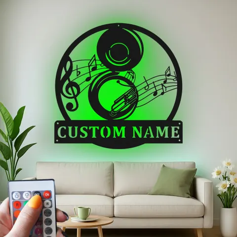 Personalized Musician LED Metal Sign | Custom Tuba Wall Art | Jazz Music Notes Decor for Studio & Home Bar | Musician Gift alternate view