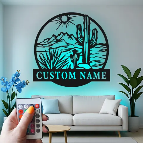 Personalisierte Wüstenkaktus-Wandkunst mit LED-Licht aus Metall – Southwest-Geschenk, Deko für Wohnzimmer oder Terrasse 1 alternative Ansicht