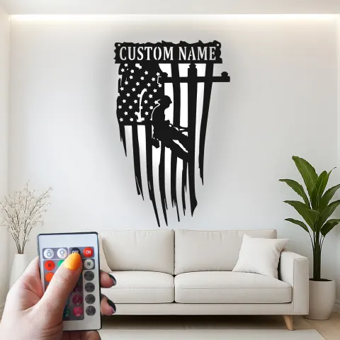 Personalized Lineman Gift | LED American Flag Metal Wall Art | Custom Electrical Worker Sign for Garage or Office alternate view