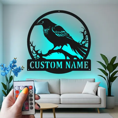 Raben Silhouette LED Schild | Individuelle Metall Wandkunst | Personalisierte Gothic Krähen Dekor für Zuhause, Garten & Halloween Geschenk alternative Ansicht
