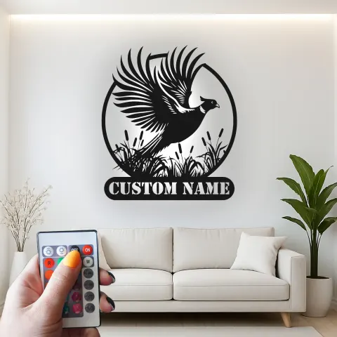 Vista alternativa di Arte da parete personalizzata con fagiano | Insegna LED in metallo su misura per cacciatori | Arredo per rifugio e lodge