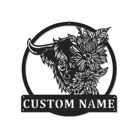 Arte mural de metal de vaca Highland | Cartel LED personalizado para decoración farmhouse | Regalo floral de vaca para el salón