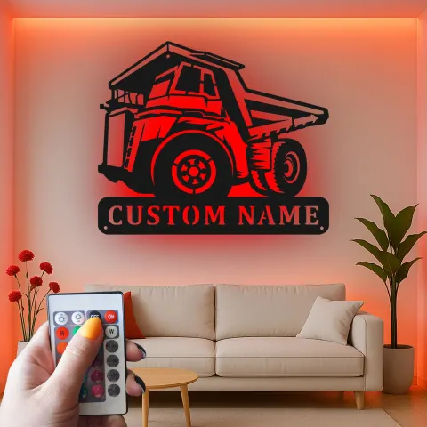 Vista alternativa de Cartel de metal LED de camión volquete personalizado, regalo para entusiastas de la construcción, decoración de garaje u oficina 1