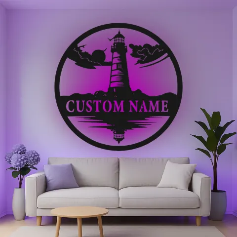 Vista alternativa de Cartel de metal LED personalizado de faro, regalo náutico para amantes de la playa, decoración costera para el hogar