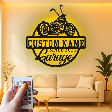 Vista alternativa di Insegna in metallo personalizzata per chopper | Insegna LED per garage moto | Regalo biker personalizzato e decorazione per man cave