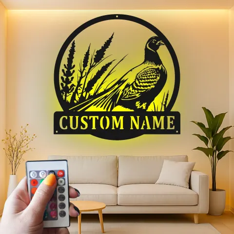 Vista alternativa di Insegna in Metallo Pheasant | Regalo Personalizzato per Cacciatori con Insegna LED con Nome | Decorazione per Cabina & Lodge