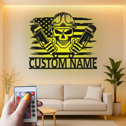 Custom Plumber Skull Metal Sign | LED Light Wall Art with American Flag | Personalized Gift for Plumbers, Workshop, or Garage Decor alternate view