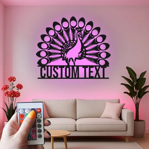Vue alternative de Enseigne en métal personnalisée de paon | Art mural éclairé LED pour maison et entreprise | Décor d'oiseau Art déco