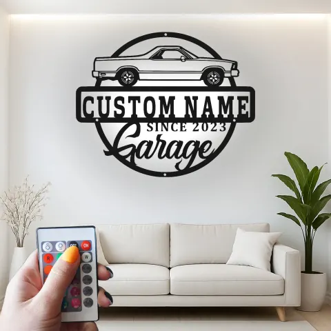 Vue alternative de Panneau de garage LED personnalisé | Décoration murale en métal pour voiture personnalisée | Décor d'atelier automobile | Cadeau pour papa