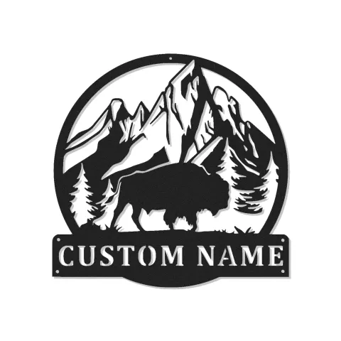 Décoration murale en métal LED personnalisée Bison Montagne - Cadeau pour amoureux de la nature - Décor de cabane rustique 1