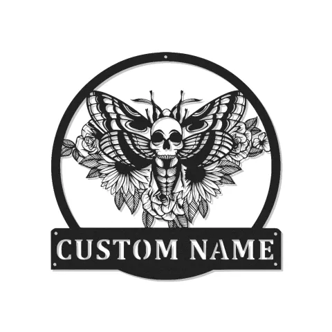 Enseigne LED personnalisée papillon tête-de-mort | Décoration murale gothique en métal | Décor de maison sorcière personnalisé