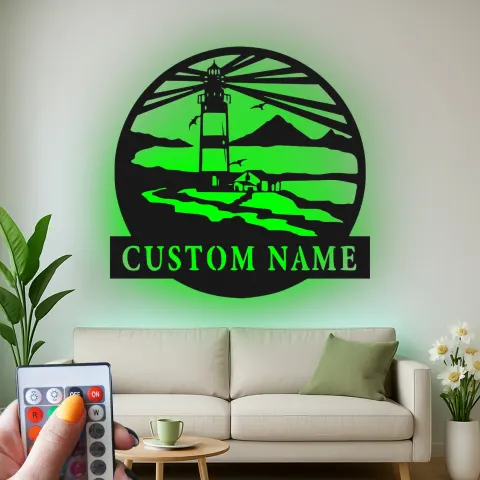 Vista alternativa de Cartel de faro personalizado | Arte mural LED de metal | Decoración costera para casa de playa | Regalo náutico personalizado