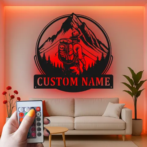 Individuelle Wanderer Metall-Wandkunst | Personalisierte LED-Licht-Schild für Berg-Dekor | Geschenk für Outdoor-Abenteuerliebhaber alternative Ansicht