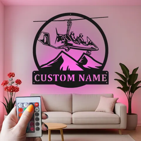 Vista alternativa de Cartel personalizado de girocóptero | Decoración mural LED de metal | Regalo personalizado para piloto para hangar, cueva del aviador y oficina