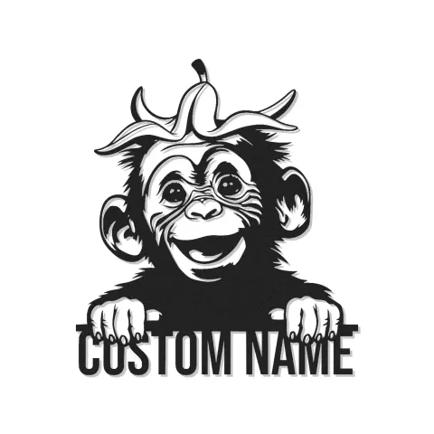 Cartel Personalizado de Chimpancé con Nombre | Arte Mural LED de Metal | Luz Divertida de Mono para Habitación de Niños y Guardería | Decoración Animal Personalizada