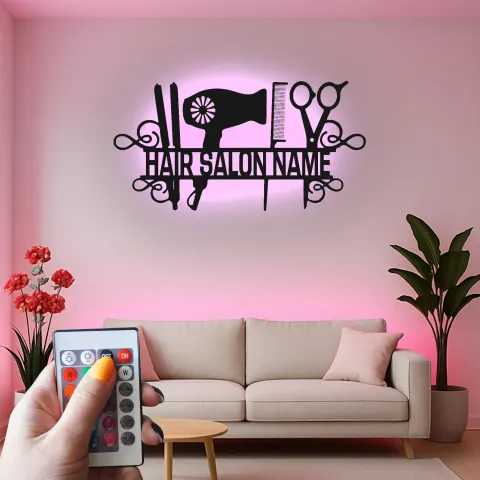 Vista alternativa di Insegna LED personalizzata per salone parrucchiere | Arte murale in metallo personalizzata per hairstylist | Decorazione per salone di bellezza e barber shop