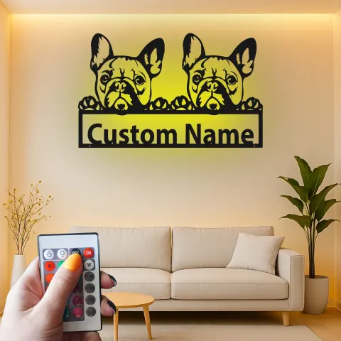 Vue alternative de Panneau en métal personnalisé de Bulldog Français | Décoration murale en métal LED personnalisée | Cadeau pour elle | Décor avec le nom de l'animal
