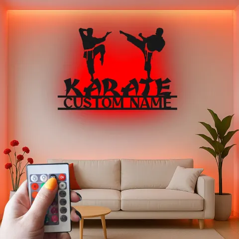 Vista alternativa de Cartel LED personalizado de karate | Decoración mural de metal personalizada | Decoración para dojo de artes marciales | Regalo con silueta de luchador
