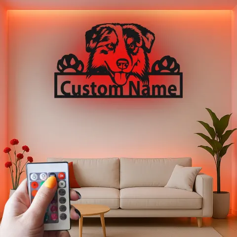 Vue alternative de Décoration murale en métal personnalisée Berger Australien avec Rétroéclairage - Cadeau pour Amoureux des Chiens