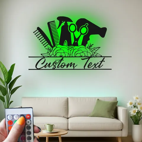 Vista alternativa di Insegna su misura per hair stylist | Arte murale LED in metallo per saloni | Decorazione personalizzata per beauty studio | Regalo per parrucchiere
