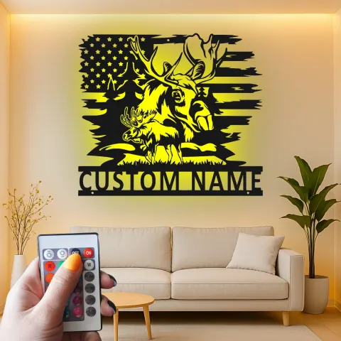 Personalisiertes Elch-Metallschild | LED-Schild mit amerikanischer Flagge | Rustikale Hütten-Dekoration für Jäger & Wildtierliebhaber alternative Ansicht