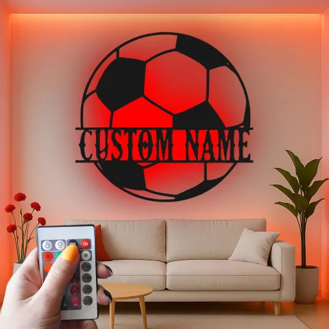 Vue alternative de Panneau LED de ballon de football personnalisé | Art mural en métal personnalisé | Décor sportif | Cadeau pour entraîneur | Plaque lumineuse pour chambre de garçon