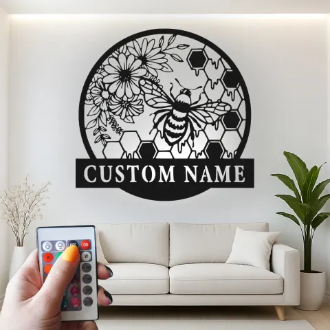 Personalisierte Bienen und Blumen LED Licht Metall-Wandkunst Geschenk für Naturliebhaber Gartenraum Dekor alternative Ansicht