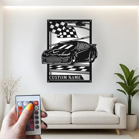 Vue alternative de Décoration murale en métal personnalisée de voiture avec éclairage LED | Panneau de garage personnalisé | Décor de salle de jeux | Cadeau pour passionné de voitures