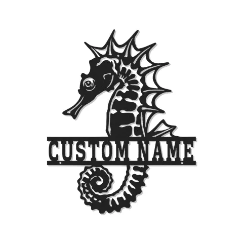 Cartel de metal personalizado de caballito de mar con LED | Decoración mural náutica personalizada | Decoración para casa de playa y placa de nombre para salón costero