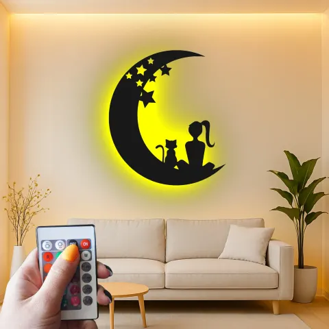 Vue alternative de Art mural LED en métal Fille et chat | Panneau silhouette lune et étoiles | Déco rétroéclairée pour chambre bébé et chambre | Cadeau personnalisé pour amoureuse des chats