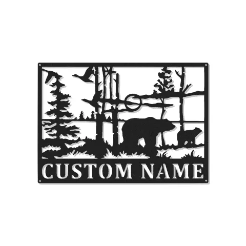 Custom Bear Forest Scene Led Light Metal Wall Art Personalized Wildlife Gift Cabin Decor for Nature Lovers