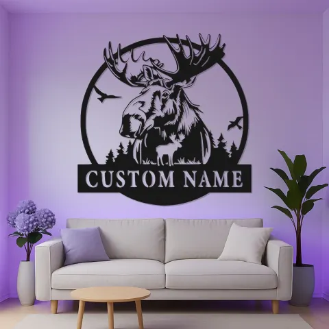 Vista alternativa di Insegna in Metallo Personalizzata con Alce e LED | Arte Murale Faunistica Personalizzata | Decorazione Rustica per Cabin e Regalo per Amanti della Natura