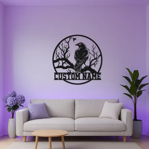 Vue alternative de Panneau en métal Silhouette de Corbeau | Art mural LED personnalisé avec nom | Décor gothique pour la maison et le bureau