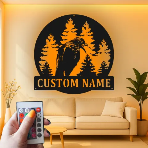 Vista alternativa di Insegna in metallo LED con foresta di corvi personalizzata Regalo per amanti della natura Decorazione rustica per cabine