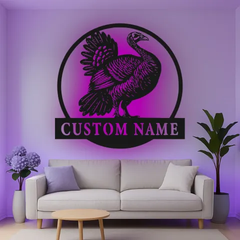 Vista alternativa di Insegna in metallo LED personalizzata con tacchino - Regalo per cacciatori, decorazione rustica