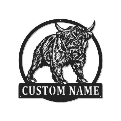 Arte mural de metal de vaca Highland | Cartel con retroiluminación LED y nombre personalizado | Decoración rústica farmhouse y ranchera para hogar o negocio