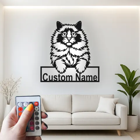 Personalisierte LED-beleuchtete Metall-Wandkunst mit flauschiger Katze – Geschenk für Katzenliebhaber, Dekor für das Wohnzimmer alternative Ansicht