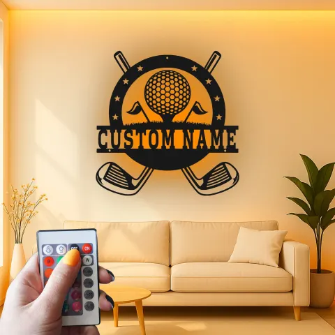 Vista alternativa de Cartel con nombre de golf personalizado con LED | Decoración mural de metal a medida | Regalo de golfista para él | Decoración para cueva del hombre y oficina