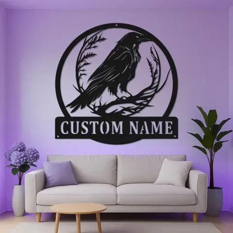 Vista alternativa di Insegna LED Corvo Personalizzata | Arte Murale in Metallo Gotica per Amanti della Natura