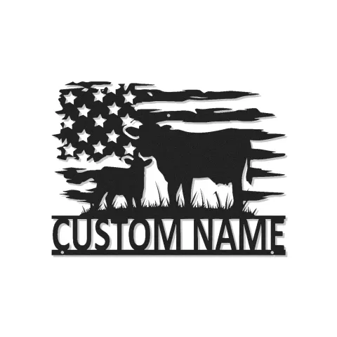Cartel de metal LED de vaca y ternero con bandera americana, regalo de granja para agricultores, decoración rústica para el hogar 1